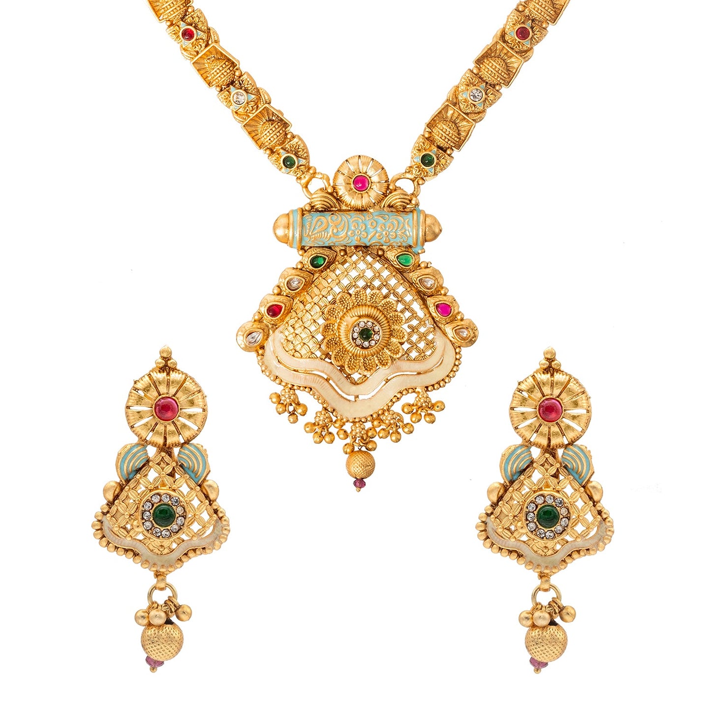 Shining Jewel Handcrafted Gold Plated Kundan,CZ, Studded One Gram Gold Haram Necklace with Matching Earrings Long Bridal Jewellery/Jewelry Set for Women (SJN_277)