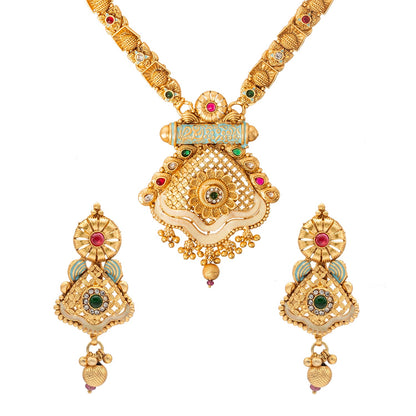Shining Jewel Handcrafted Gold Plated Kundan,CZ, Studded One Gram Gold Haram Necklace with Matching Earrings Long Bridal Jewellery/Jewelry Set for Women (SJN_277)