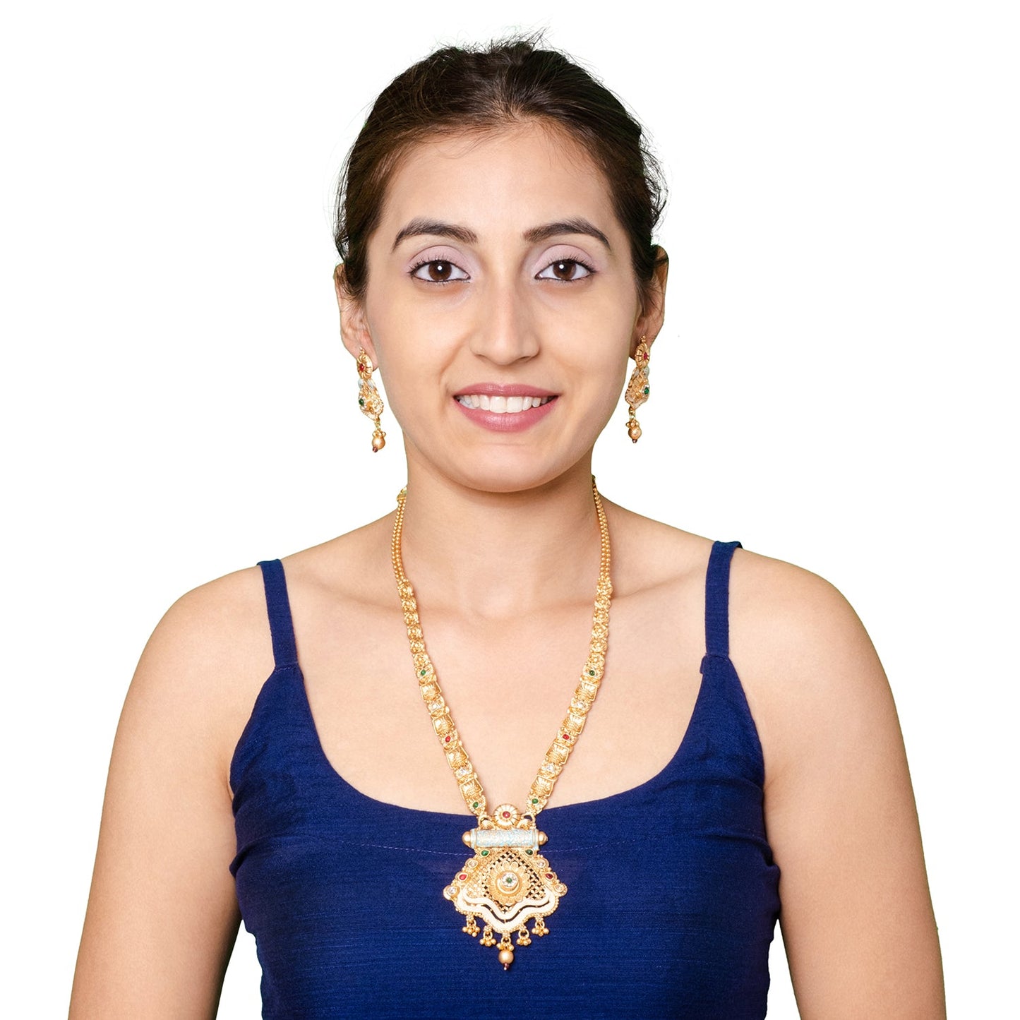 Shining Jewel Handcrafted Gold Plated Kundan,CZ, Studded One Gram Gold Haram Necklace with Matching Earrings Long Bridal Jewellery/Jewelry Set for Women (SJN_277)