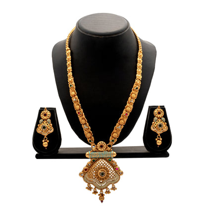 Shining Jewel Handcrafted Gold Plated Kundan,CZ, Studded One Gram Gold Haram Necklace with Matching Earrings Long Bridal Jewellery/Jewelry Set for Women (SJN_277)
