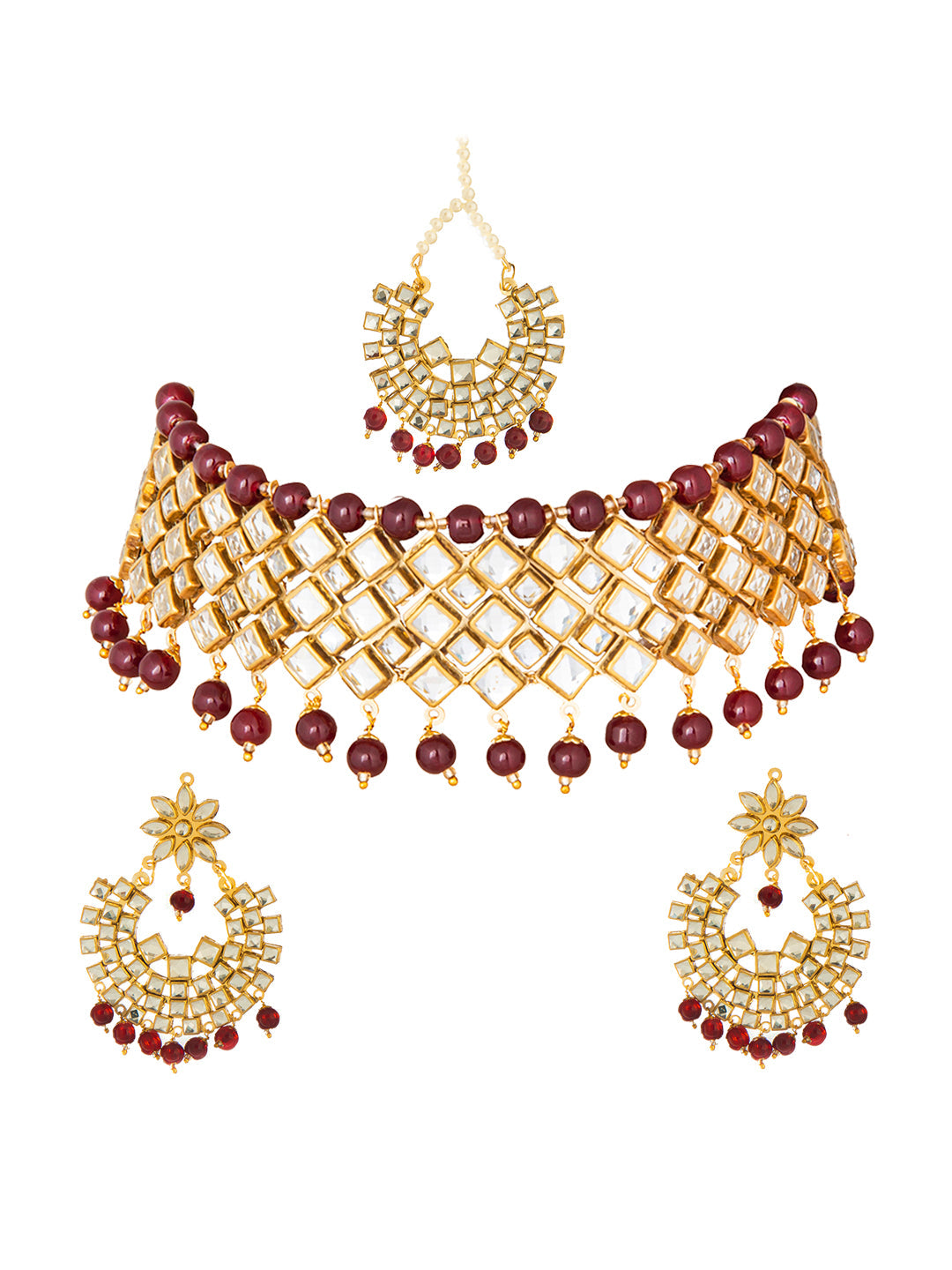 Shining Jewel Gold Plated Kundan Pearl Choker Bridal Necklace Combo Jewellery Set with Tikka and Earrings for Women (SJN_27_R)