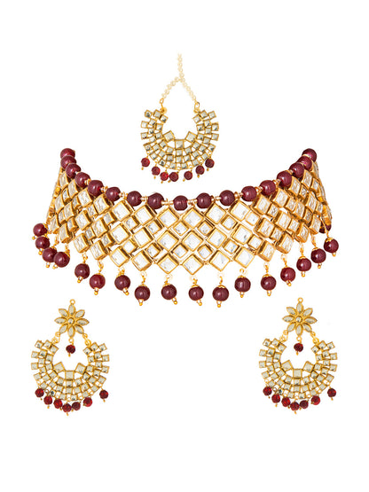 Shining Jewel Gold Plated Kundan Pearl Choker Bridal Necklace Combo Jewellery Set with Tikka and Earrings for Women (SJN_27_R)