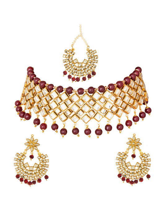 Shining Jewel Gold Plated Kundan Pearl Choker Bridal Necklace Combo Jewellery Set with Tikka and Earrings for Women (SJN_27_R)
