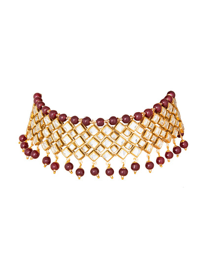 Shining Jewel Gold Plated Kundan Pearl Choker Bridal Necklace Combo Jewellery Set with Tikka and Earrings for Women (SJN_27_R)
