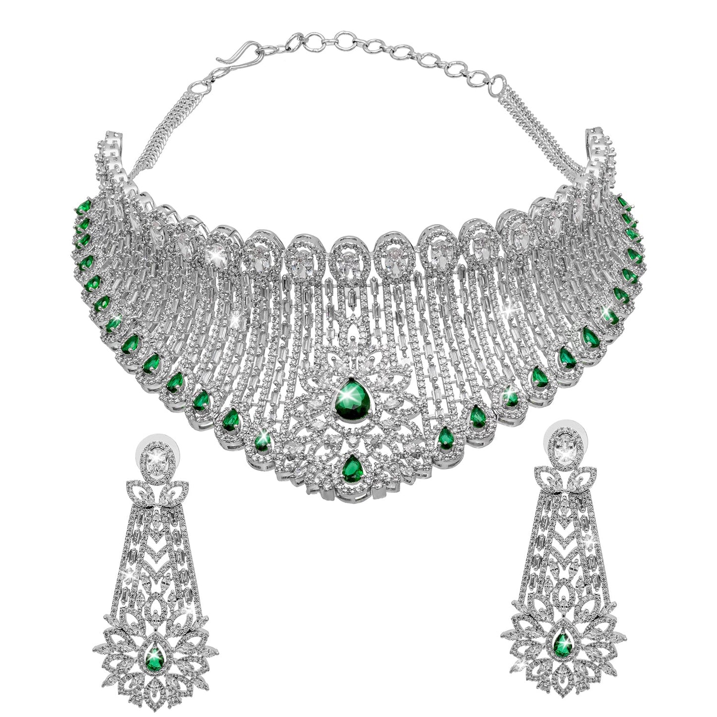 Shining Jewel Silver Plated Western CZ, Crystals & AD Design Choker Necklace with Maching Earrings Jewellery Set (SJN_280_G)