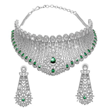 Shining Jewel Silver Plated Western CZ, Crystals & AD Design Choker Necklace with Maching Earrings Jewellery Set (SJN_280_G)