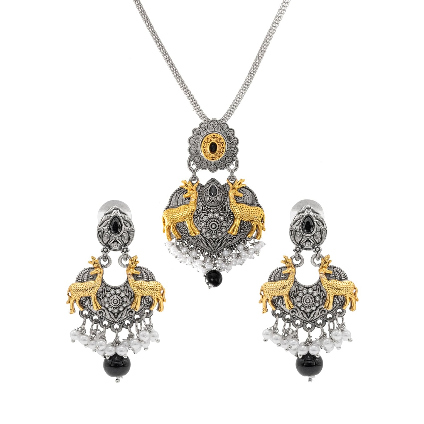 Shining Jewel Two Tone Plated Oxidised Deer Kundan Pearl Pendant Design With Matching Attractive Earring Jewellery Jewelry Necklace Set (SJN_281_S_BK)