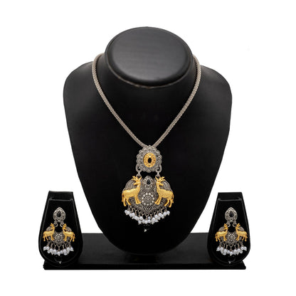 Shining Jewel Two Tone Plated Oxidised Deer Kundan Pearl Pendant Design With Matching Attractive Earring Jewellery Jewelry Necklace Set (SJN_281_S_BK)