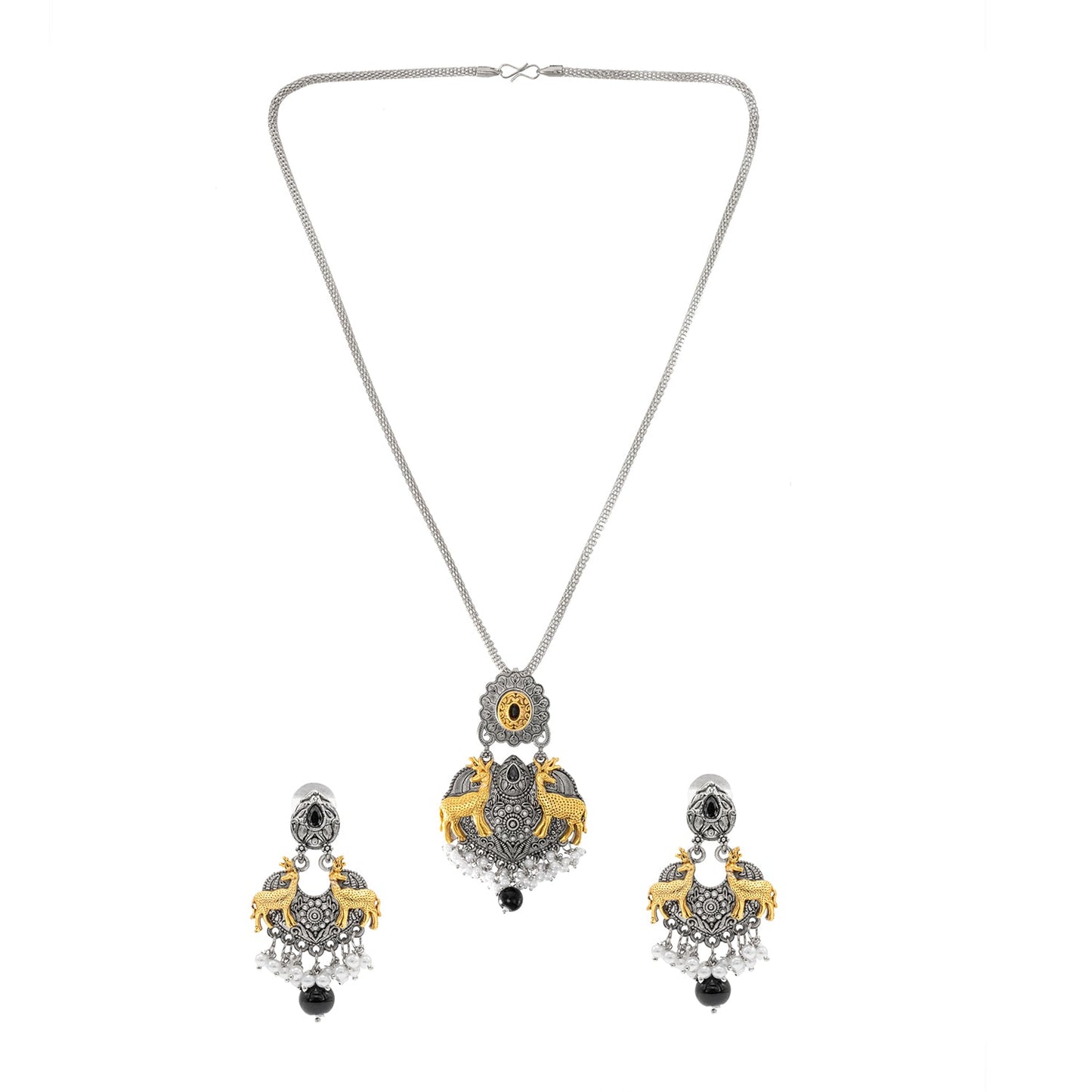 Shining Jewel Two Tone Plated Oxidised Deer Kundan Pearl Pendant Design With Matching Attractive Earring Jewellery Jewelry Necklace Set (SJN_281_S_BK)