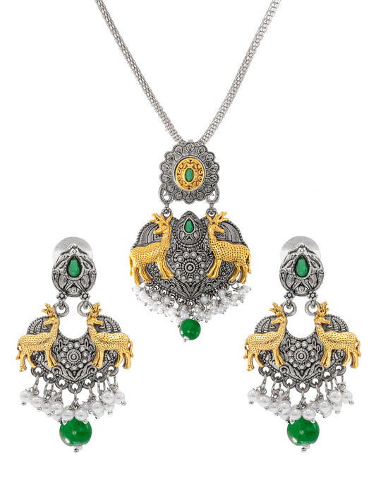 Shining Jewel Two Tone Plated Oxidised Deer Kundan Pearl Pendant Design With Matching Attractive Earring Jewellery Jewelry Necklace Set (SJN_281_S_G)