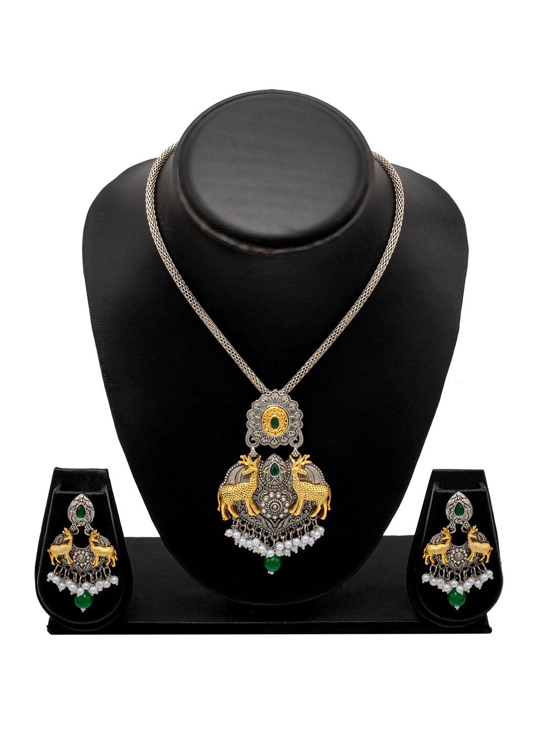 Shining Jewel Two Tone Plated Oxidised Deer Kundan Pearl Pendant Design With Matching Attractive Earring Jewellery Jewelry Necklace Set (SJN_281_S_G)