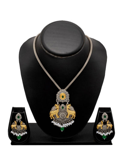 Shining Jewel Two Tone Plated Oxidised Deer Kundan Pearl Pendant Design With Matching Attractive Earring Jewellery Jewelry Necklace Set (SJN_281_S_G)