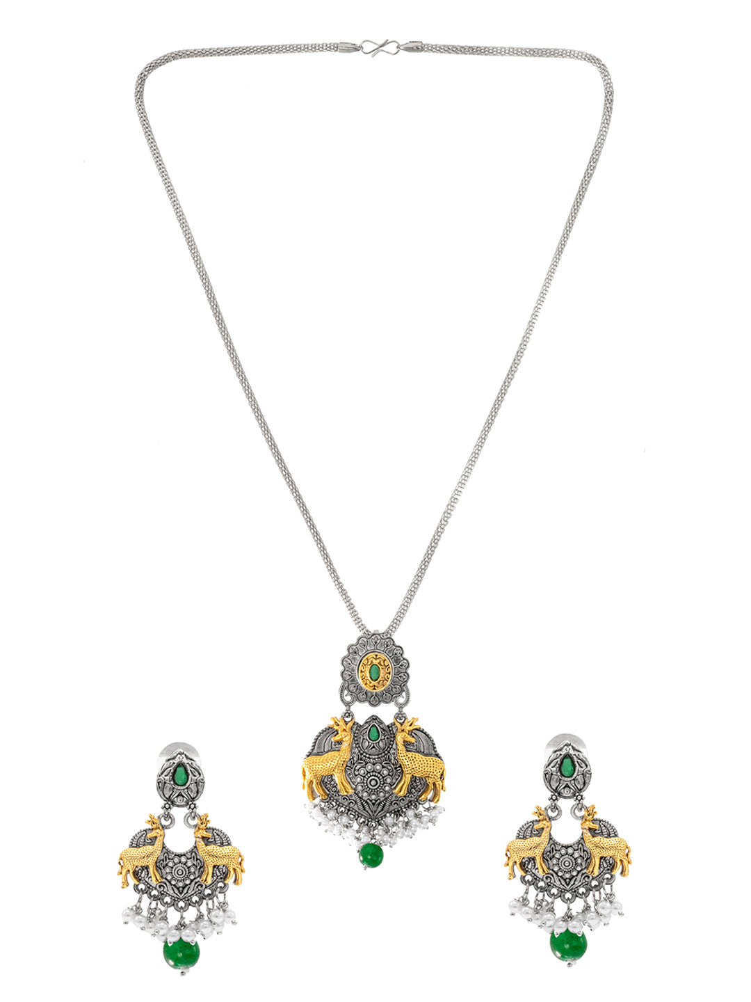 Shining Jewel Two Tone Plated Oxidised Deer Kundan Pearl Pendant Design With Matching Attractive Earring Jewellery Jewelry Necklace Set (SJN_281_S_G)