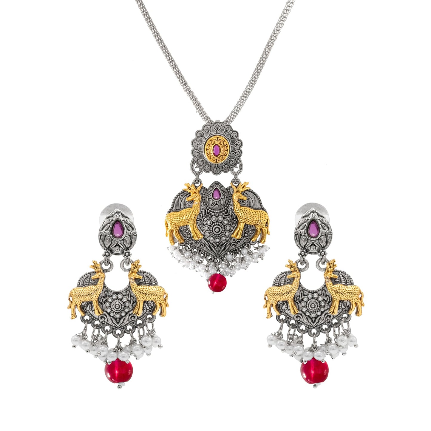 Shining Jewel Two Tone Plated Oxidised Deer Kundan Pearl Pendant Design With Matching Attractive Earring Jewellery Jewelry Necklace Set (SJN_281_S_M)