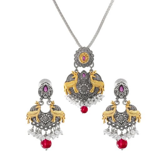 Shining Jewel Two Tone Plated Oxidised Deer Kundan Pearl Pendant Design With Matching Attractive Earring Jewellery Jewelry Necklace Set (SJN_281_S_M)