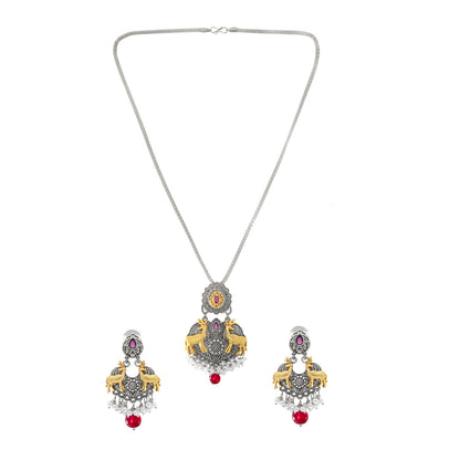 Shining Jewel Two Tone Plated Oxidised Deer Kundan Pearl Pendant Design With Matching Attractive Earring Jewellery Jewelry Necklace Set (SJN_281_S_M)