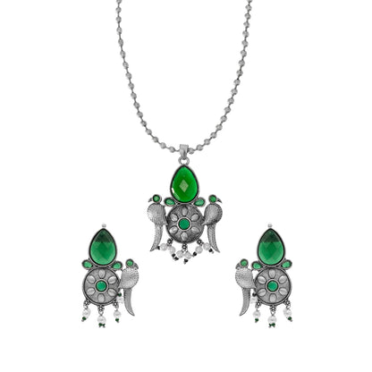 Shining Antique Silver Oxidised Bird Kundan Pearl Pendant Design With Matching Attractive Earring Jewellery Jewelry Necklace Set (SJN_283_S_G)