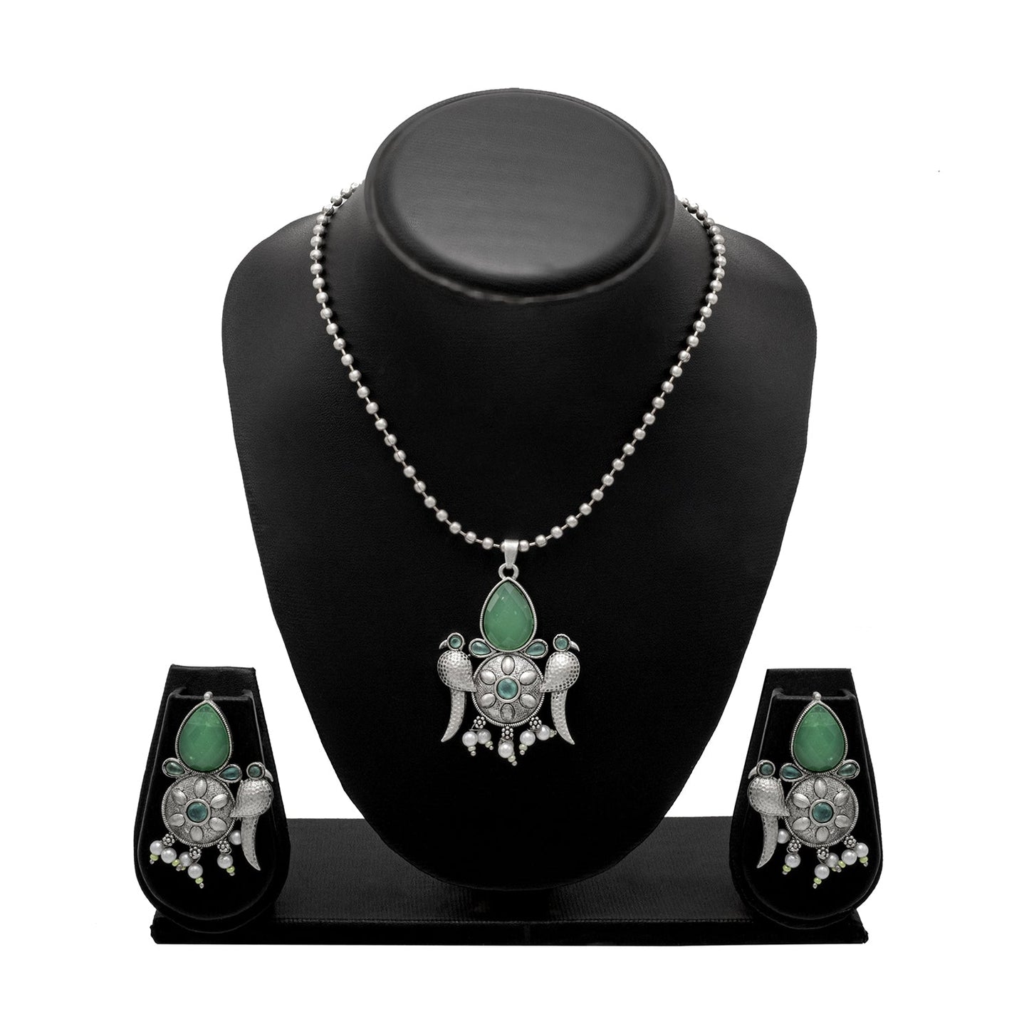 Shining Antique Silver Oxidised Bird Kundan Pearl Pendant Design With Matching Attractive Earring Jewellery Jewelry Necklace Set (SJN_283_S_LG)