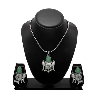 Shining Antique Silver Oxidised Bird Kundan Pearl Pendant Design With Matching Attractive Earring Jewellery Jewelry Necklace Set (SJN_283_S_LG)