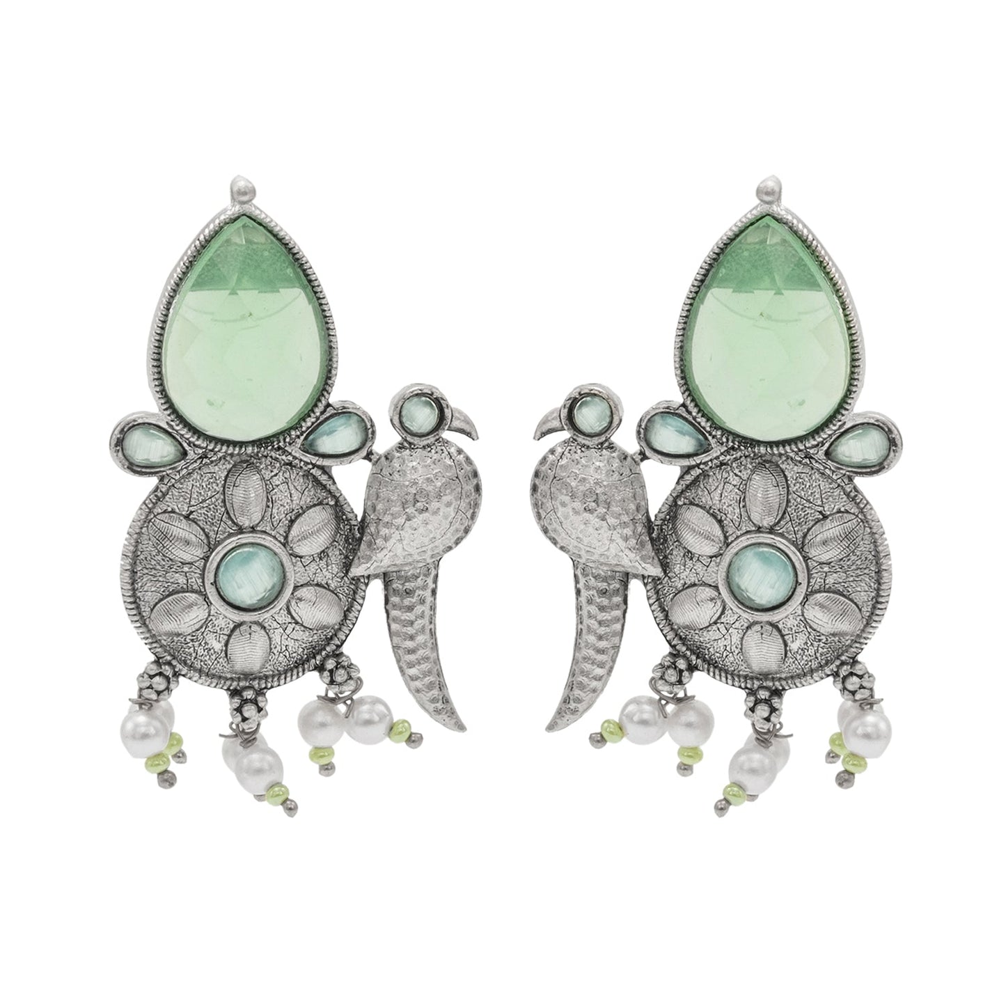 Shining Antique Silver Oxidised Bird Kundan Pearl Pendant Design With Matching Attractive Earring Jewellery Jewelry Necklace Set (SJN_283_S_LG)
