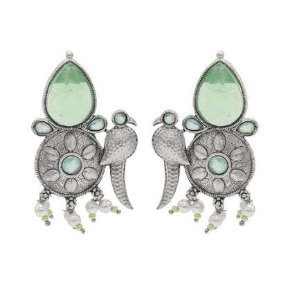 Shining Antique Silver Oxidised Bird Kundan Pearl Pendant Design With Matching Attractive Earring Jewellery Jewelry Necklace Set (SJN_283_S_LG)
