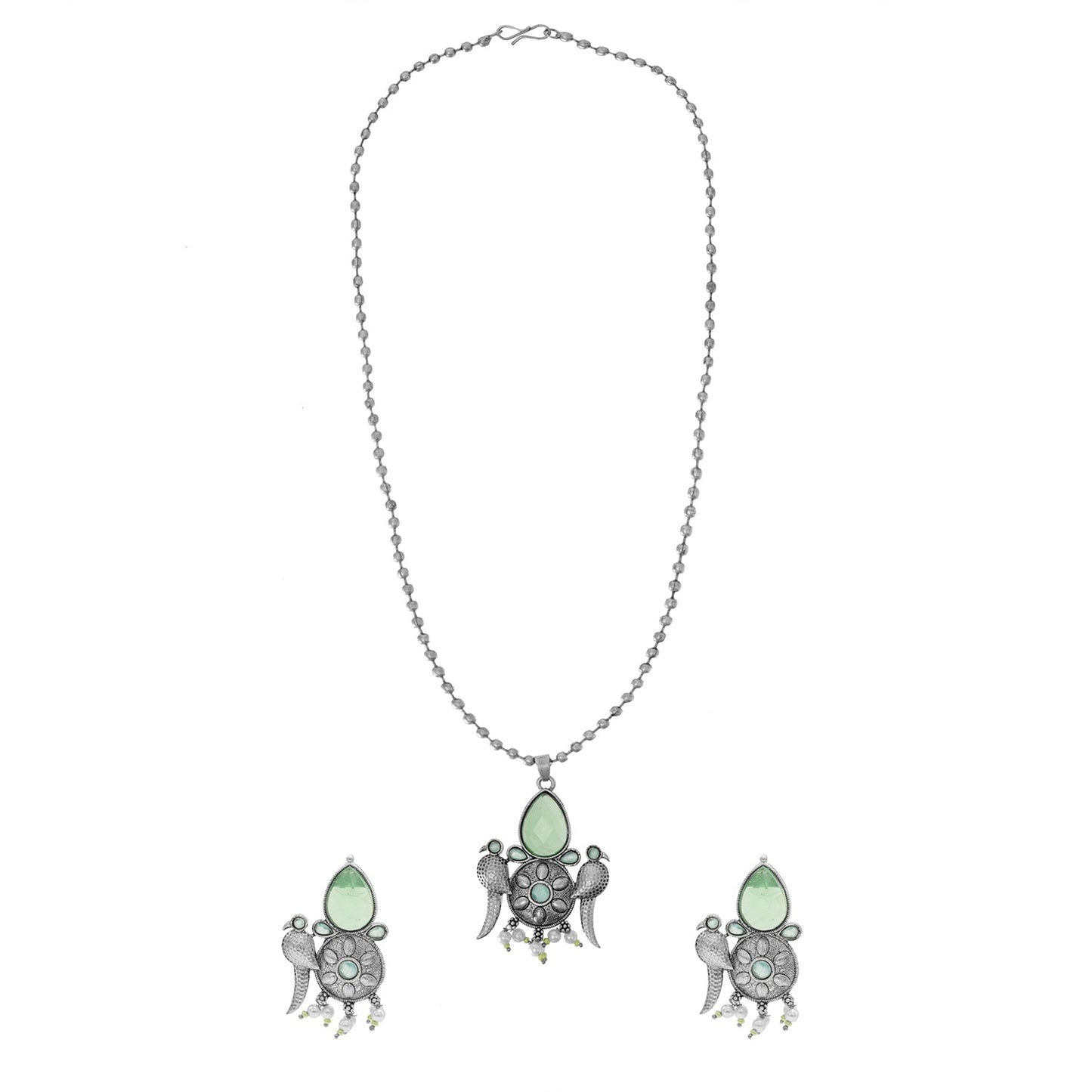 Shining Antique Silver Oxidised Bird Kundan Pearl Pendant Design With Matching Attractive Earring Jewellery Jewelry Necklace Set (SJN_283_S_LG)