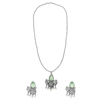 Shining Antique Silver Oxidised Bird Kundan Pearl Pendant Design With Matching Attractive Earring Jewellery Jewelry Necklace Set (SJN_283_S_LG)