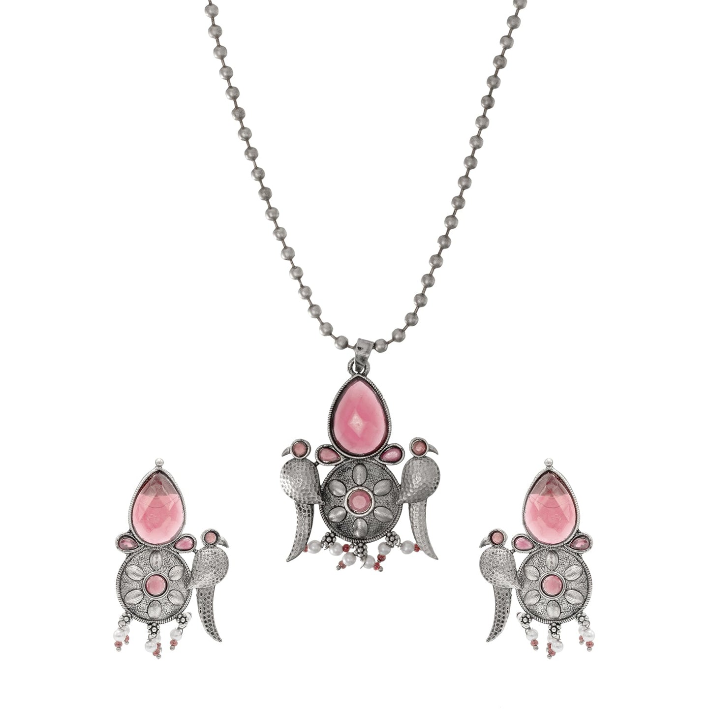 Shining Antique Silver Oxidised Bird Kundan Pearl Pendant Design With Matching Attractive Earring Jewellery Jewelry Necklace Set (SJN_283_S_P)