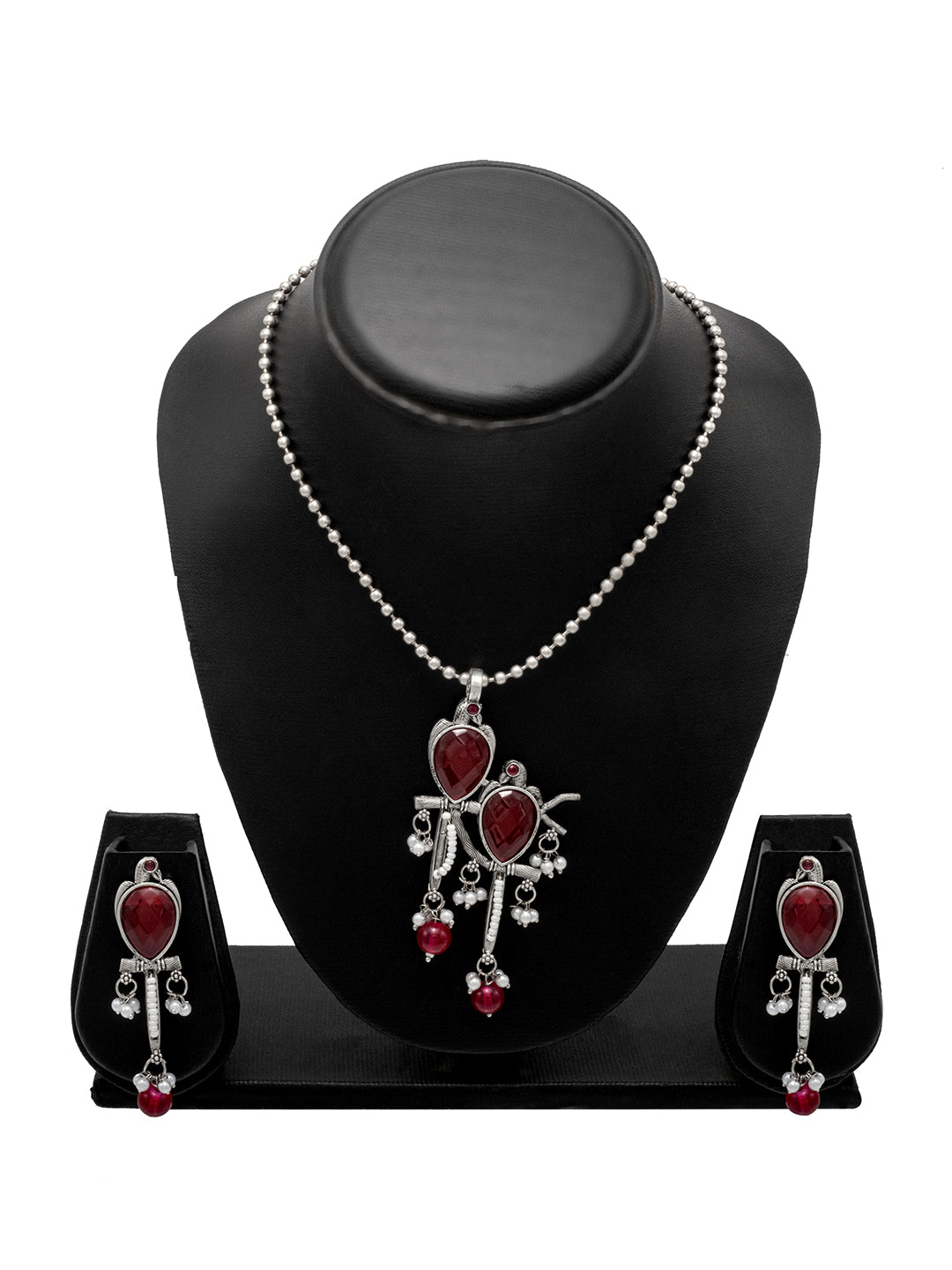 Shining Matte Antique Silver Oxidised Bird Kundan Pearl Pendant Design With Matching Attractive Earring Jewellery Jewelry Necklace Set (SJN_284_S_M)