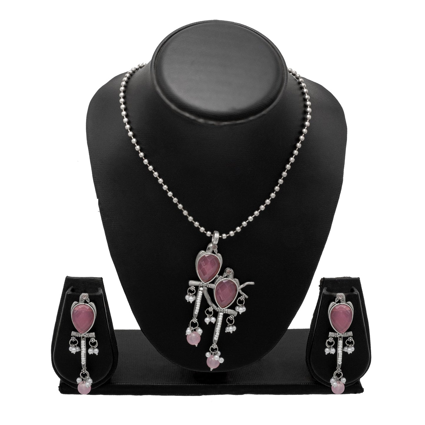 Shining Matte Antique Silver Oxidised Bird Kundan Pearl Pendant Design With Matching Attractive Earring Jewellery Jewelry Necklace Set (SJN_284_S_P)