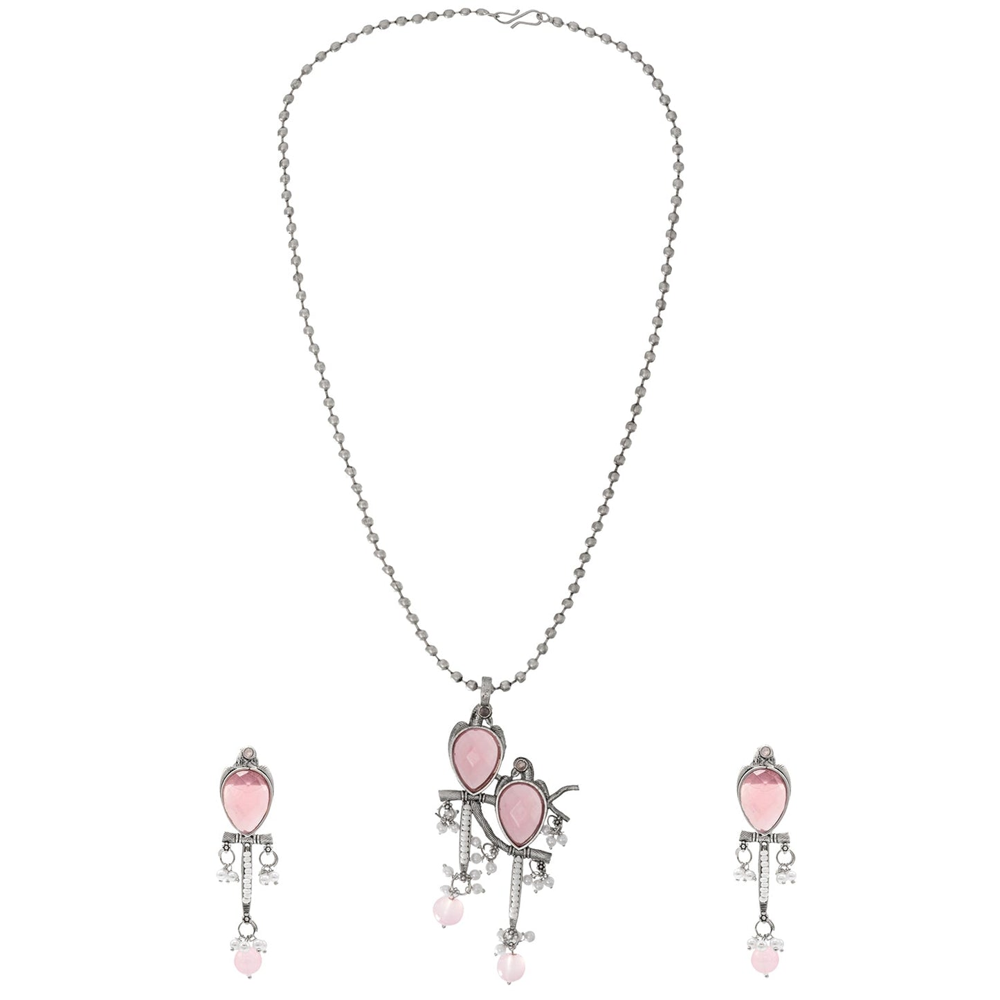 Shining Matte Antique Silver Oxidised Bird Kundan Pearl Pendant Design With Matching Attractive Earring Jewellery Jewelry Necklace Set (SJN_284_S_P)