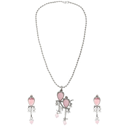 Shining Matte Antique Silver Oxidised Bird Kundan Pearl Pendant Design With Matching Attractive Earring Jewellery Jewelry Necklace Set (SJN_284_S_P)