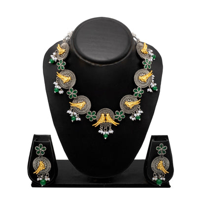 Shining Jewel Antique Silver Oxidised Bird Floral Combo Design Choker Adjustable Dori with Matching Earring Jewellery Jewelry Necklace Set (SJN_285_S_G)