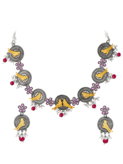 Shining Jewel Antique Silver Oxidised Bird Floral Combo Design Choker Adjustable Dori with Matching Earring Jewellery Jewelry Necklace Set (SJN_285_S_M)