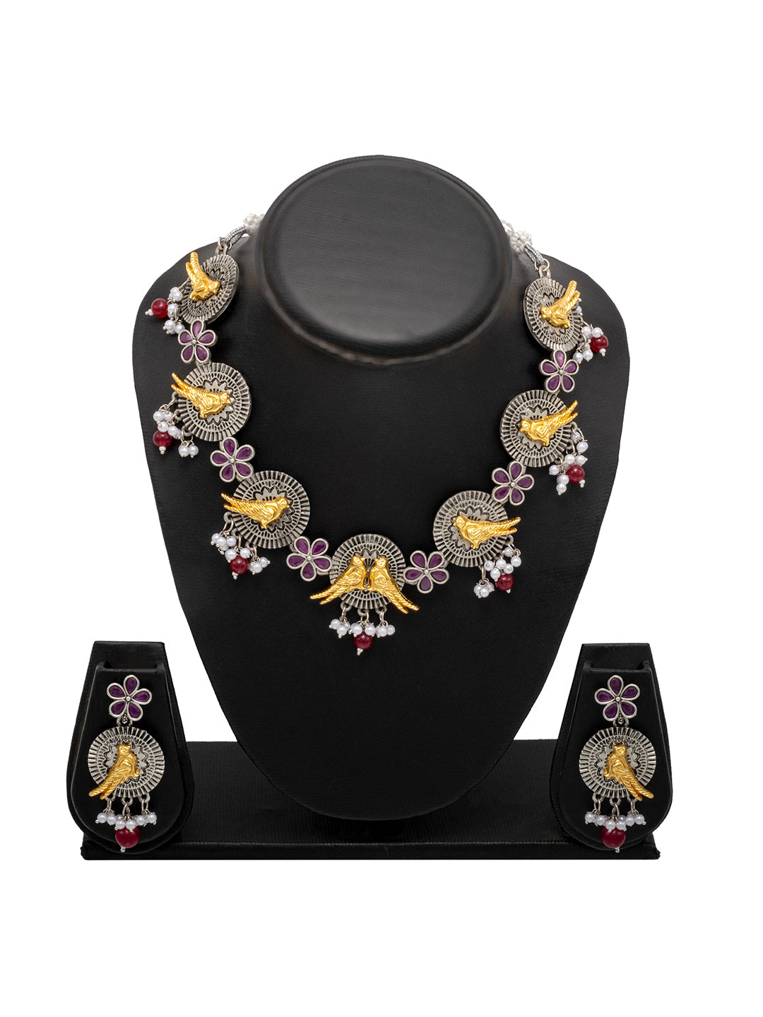 Shining Jewel Antique Silver Oxidised Bird Floral Combo Design Choker Adjustable Dori with Matching Earring Jewellery Jewelry Necklace Set (SJN_285_S_M)