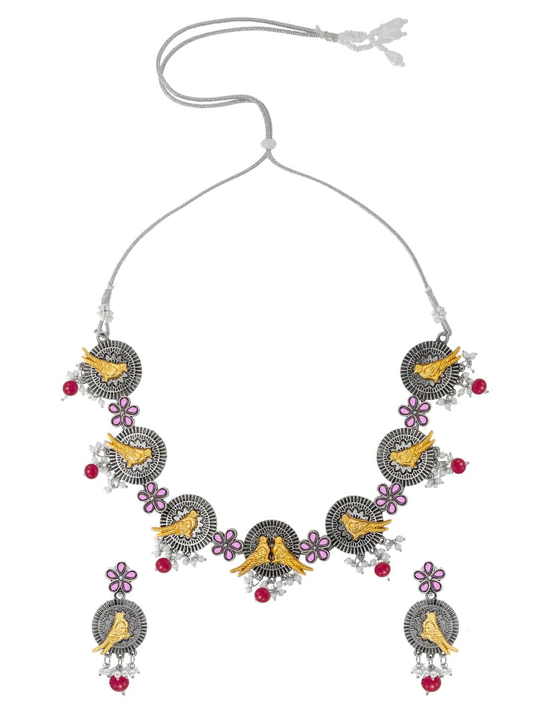 Shining Jewel Antique Silver Oxidised Bird Floral Combo Design Choker Adjustable Dori with Matching Earring Jewellery Jewelry Necklace Set (SJN_285_S_M)