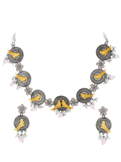 Shining Jewel Antique Silver Oxidised Bird Floral Combo Design Choker Adjustable Dori with Matching Earring Jewellery Jewelry Necklace Set (SJN_285_S_P)