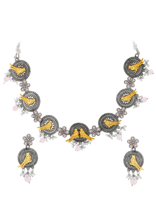 Shining Jewel Antique Silver Oxidised Bird Floral Combo Design Choker Adjustable Dori with Matching Earring Jewellery Jewelry Necklace Set (SJN_285_S_P)