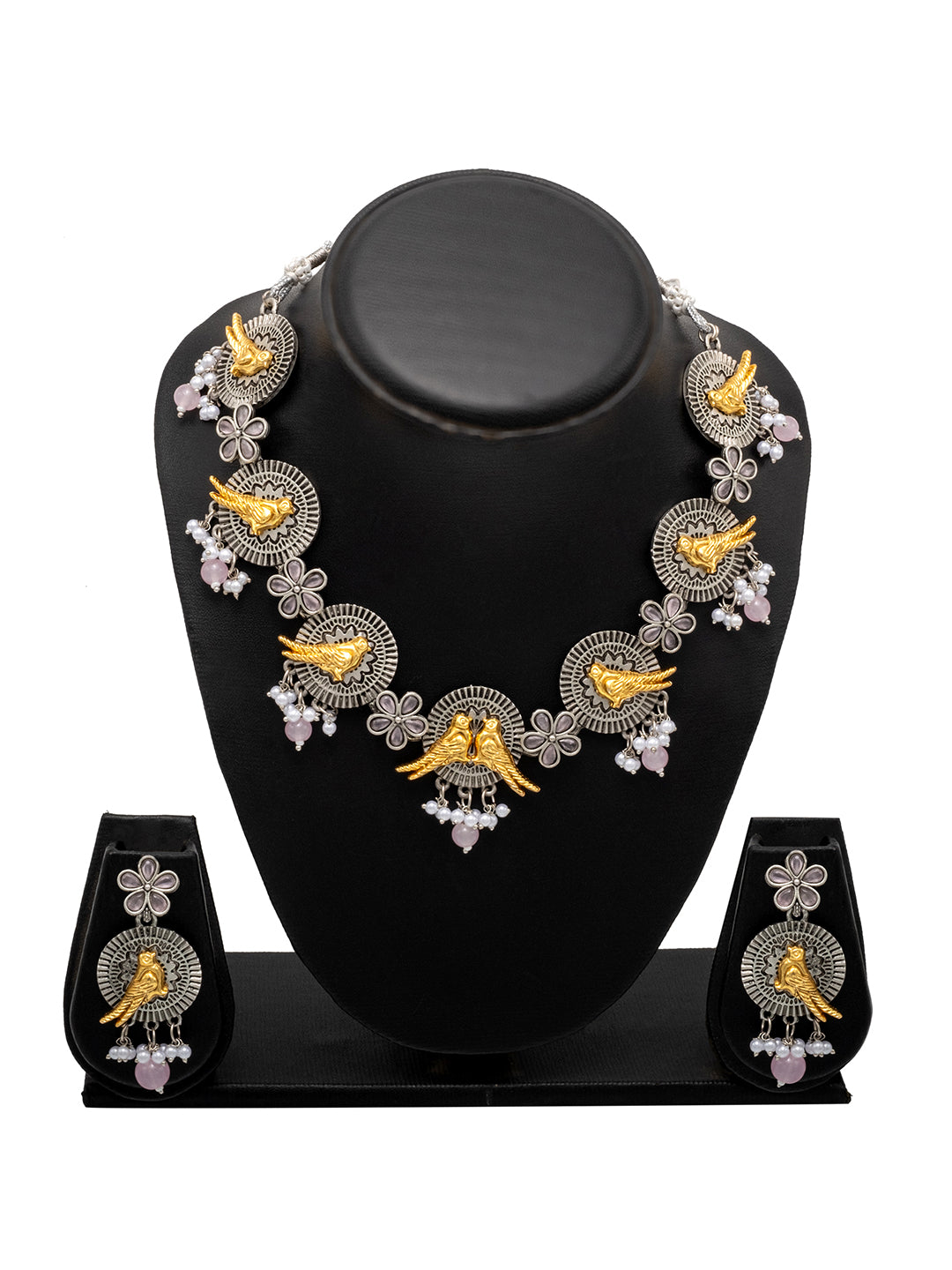 Shining Jewel Antique Silver Oxidised Bird Floral Combo Design Choker Adjustable Dori with Matching Earring Jewellery Jewelry Necklace Set (SJN_285_S_P)