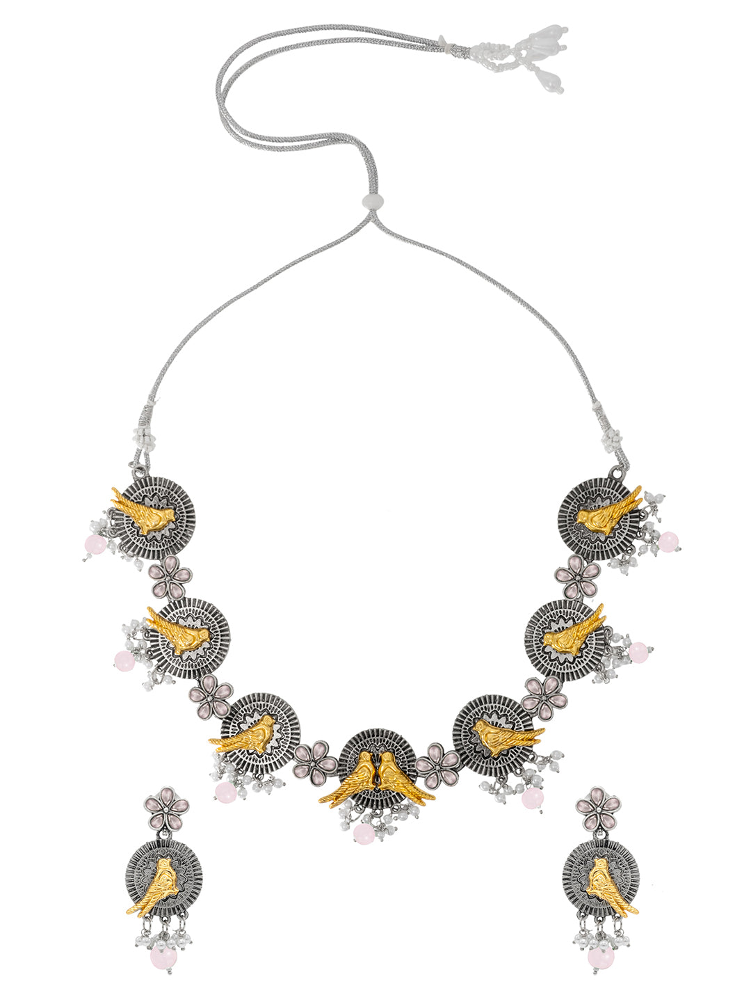 Shining Jewel Antique Silver Oxidised Bird Floral Combo Design Choker Adjustable Dori with Matching Earring Jewellery Jewelry Necklace Set (SJN_285_S_P)