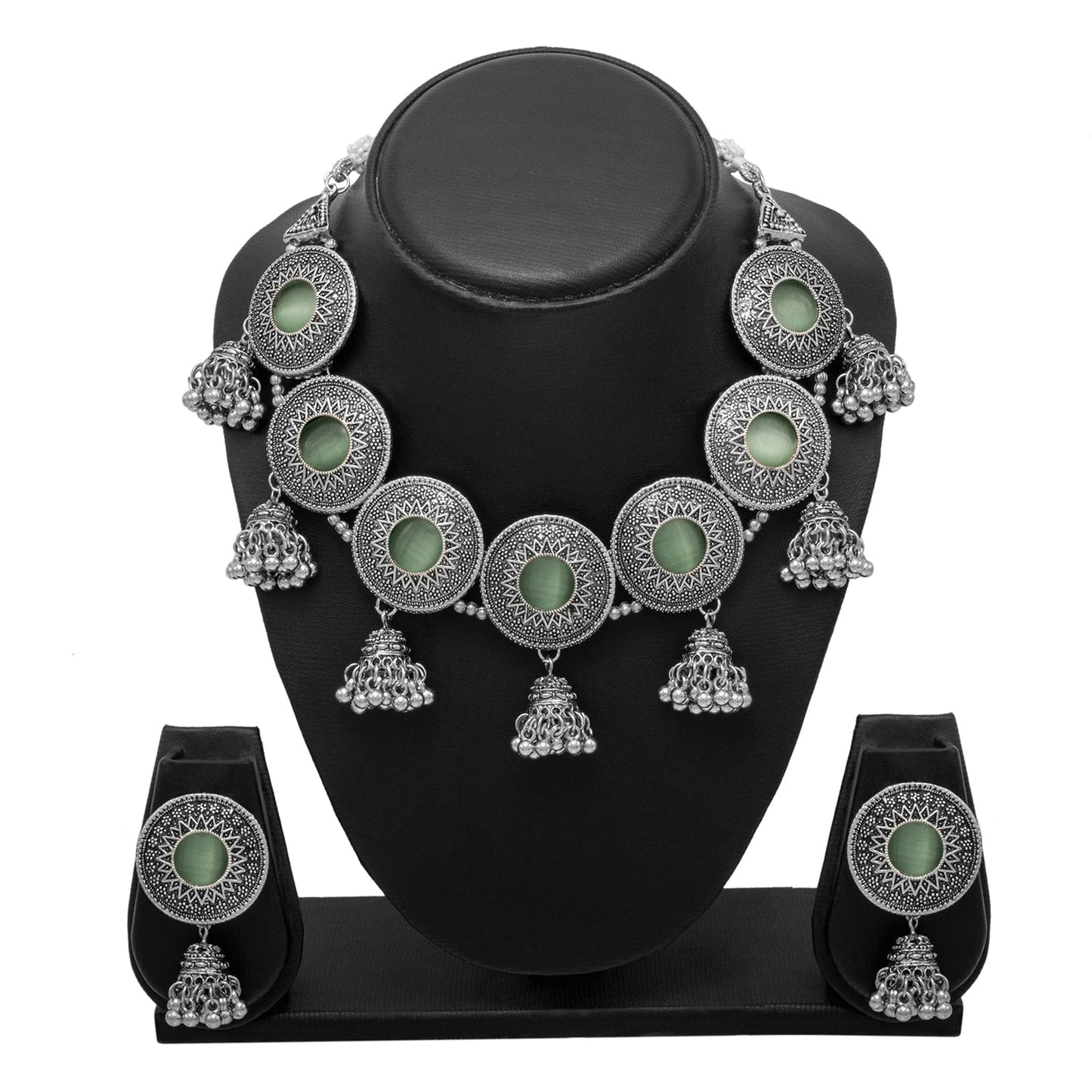 Shining Jewel Silver Plated Oxidised Stone Studed & Beaded Jhumki Design Tribal Necklace with Adjustable Dori Maching Earring Jewellery Jewelry Set (SJN_288_D1_LG)