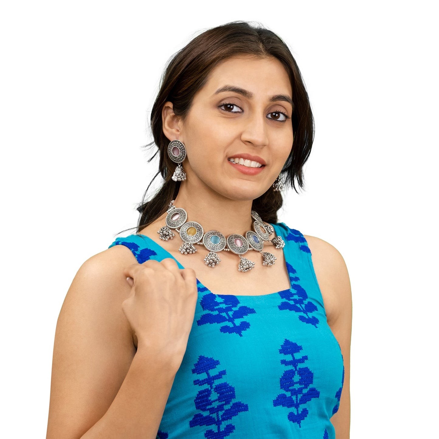 Shining Jewel Silver Plated Oxidised Stone Studed & Beaded Jhumki Design Tribal Necklace with Adjustable Dori Maching Earring Jewellery Jewelry Set (SJN_288_D1_MT)