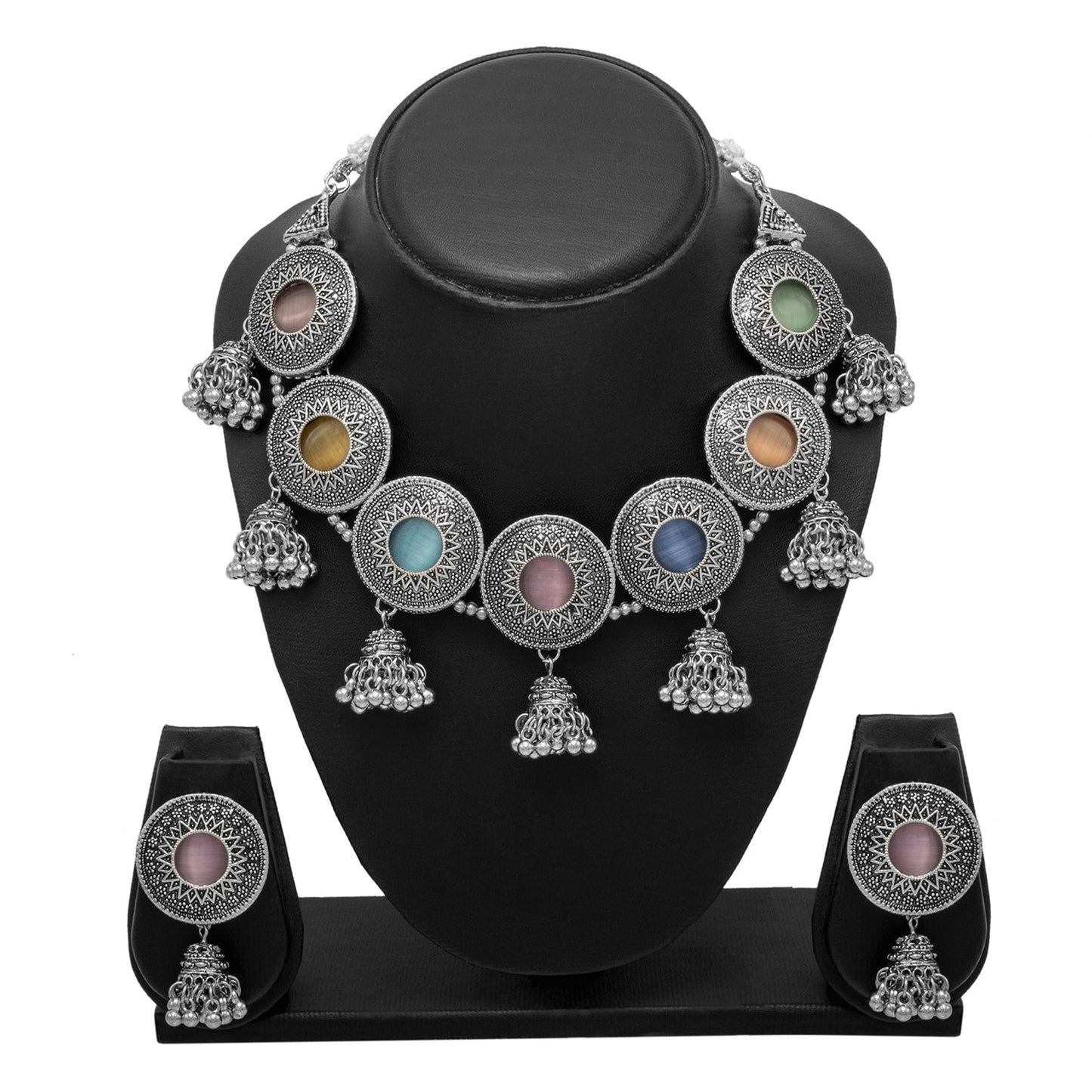 Shining Jewel Silver Plated Oxidised Stone Studed & Beaded Jhumki Design Tribal Necklace with Adjustable Dori Maching Earring Jewellery Jewelry Set (SJN_288_D1_MT)