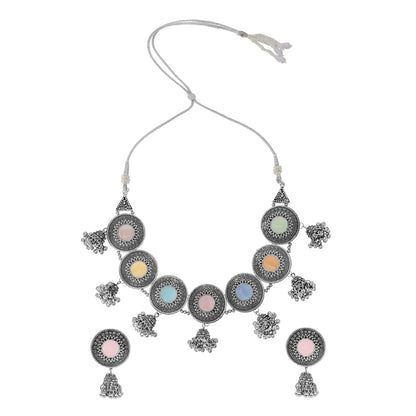 Shining Jewel Silver Plated Oxidised Stone Studed & Beaded Jhumki Design Tribal Necklace with Adjustable Dori Maching Earring Jewellery Jewelry Set (SJN_288_D1_MT)