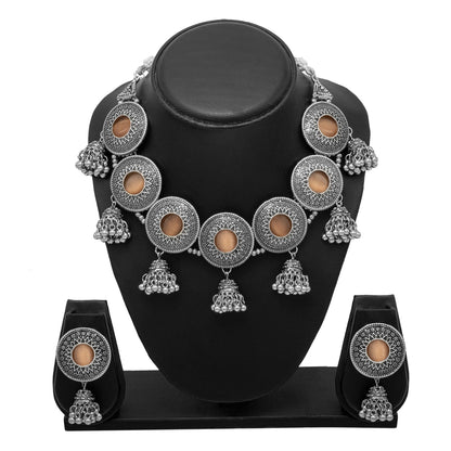 Shining Jewel Silver Plated Oxidised Stone Studed & Beaded Jhumki Design Tribal Necklace with Adjustable Dori Maching Earring Jewellery Jewelry Set (SJN_288_D1_PH)