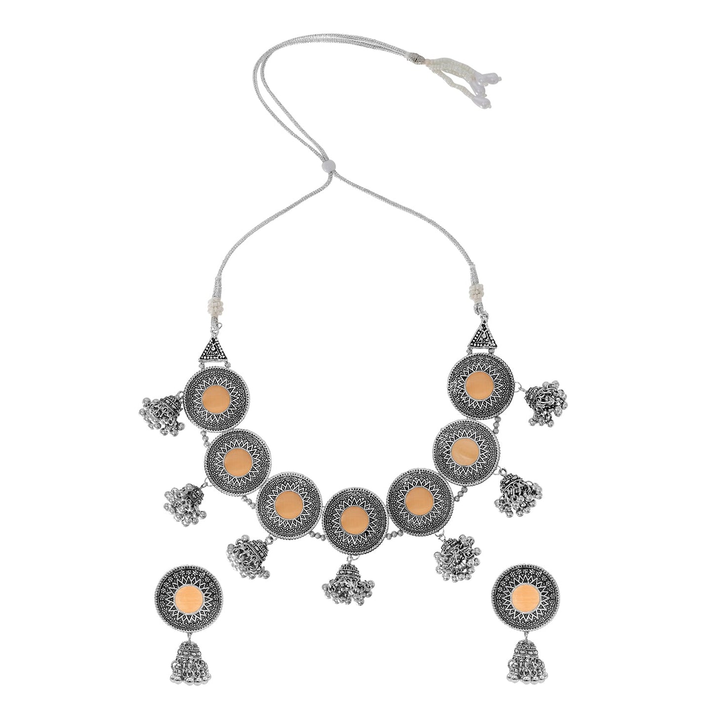 Shining Jewel Silver Plated Oxidised Stone Studed & Beaded Jhumki Design Tribal Necklace with Adjustable Dori Maching Earring Jewellery Jewelry Set (SJN_288_D1_PH)