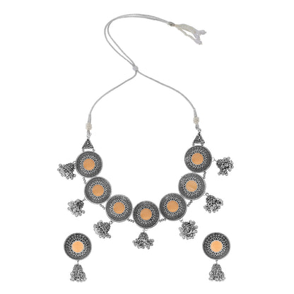 Shining Jewel Silver Plated Oxidised Stone Studed & Beaded Jhumki Design Tribal Necklace with Adjustable Dori Maching Earring Jewellery Jewelry Set (SJN_288_D2_LG)