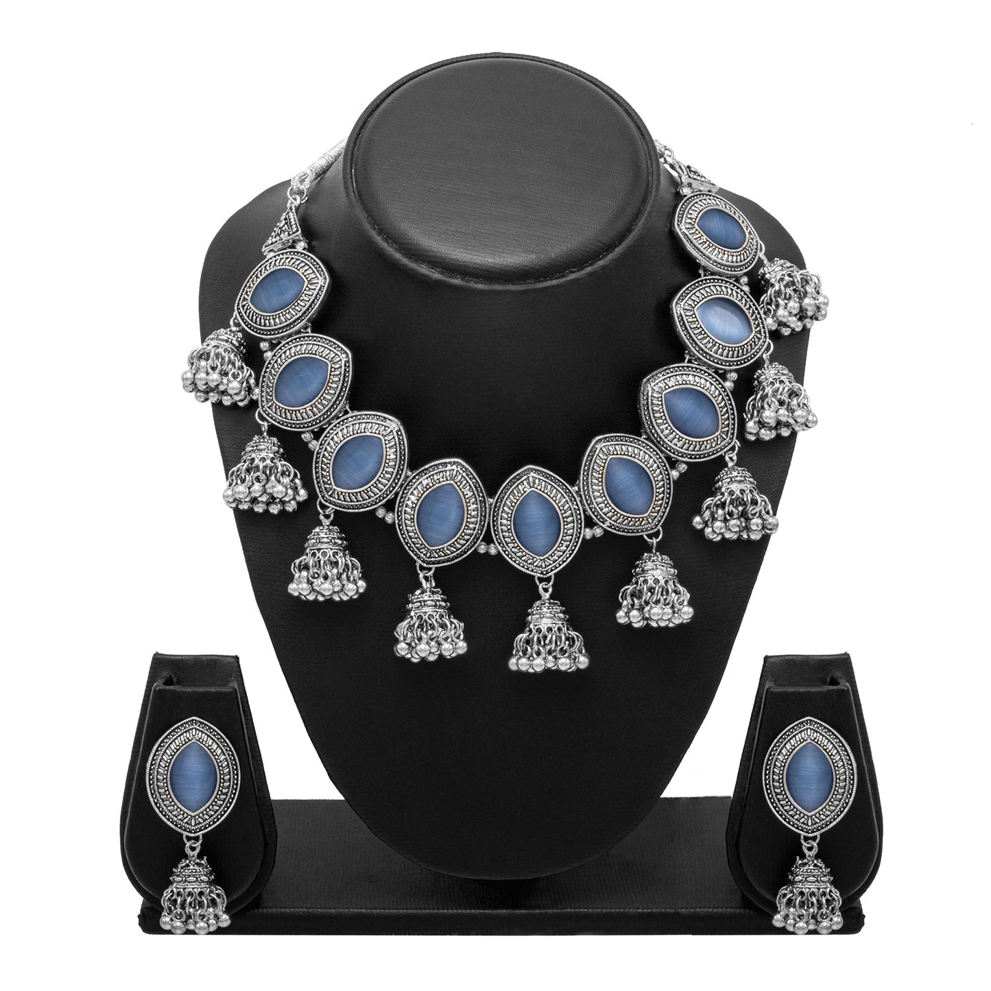 Shining Jewel Silver Plated Oxidised Stone Studed & Beaded Jhumki Design Tribal Necklace with Adjustable Dori Maching Earring Jewellery Jewelry Set (SJN_288_D2_BL)