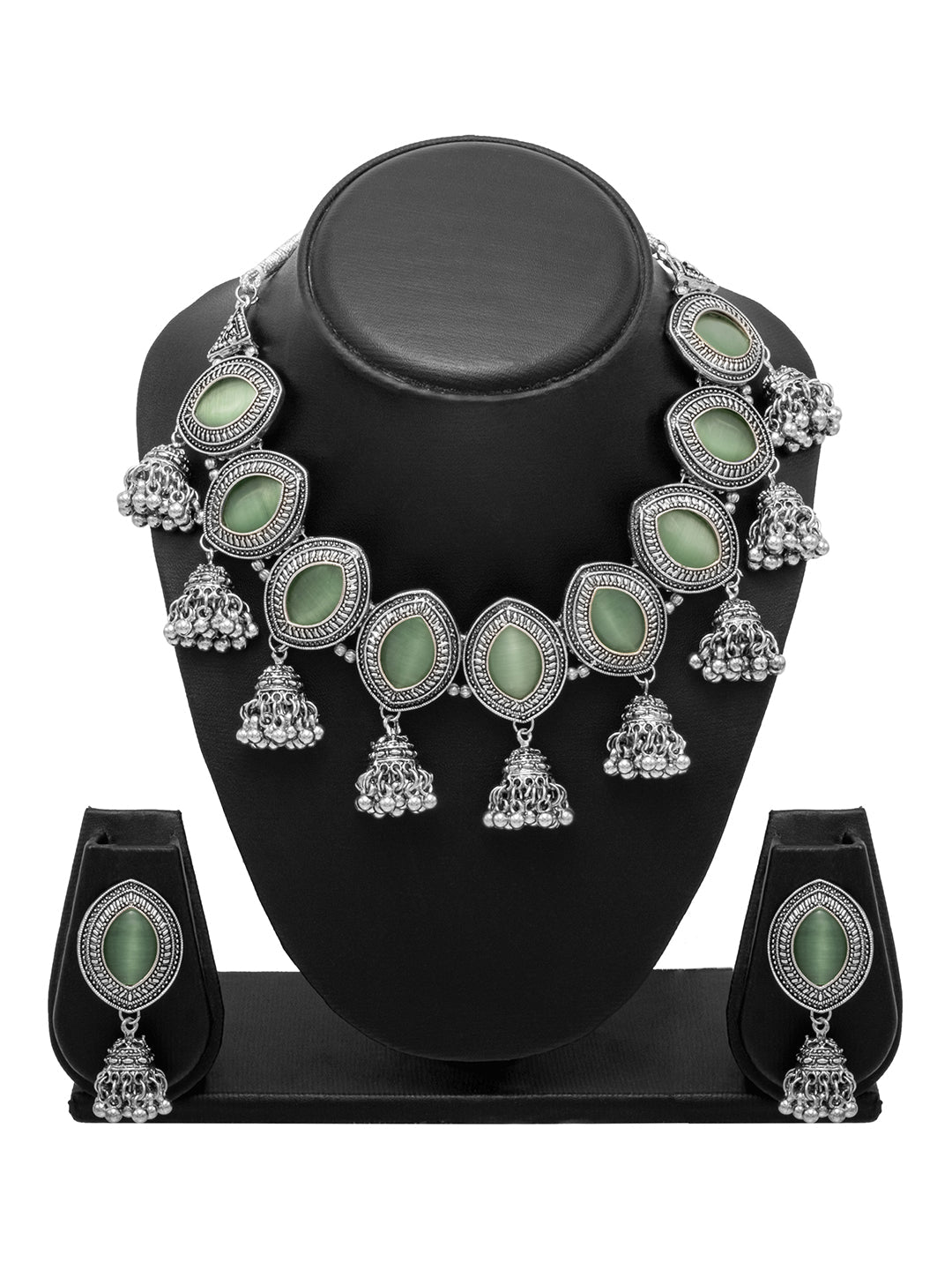 Shining Jewel Silver Plated Oxidised Stone Studed & Beaded Jhumki Design Tribal Necklace with Adjustable Dori Maching Earring Jewellery Jewelry Set (SJN_288_D2_LG)