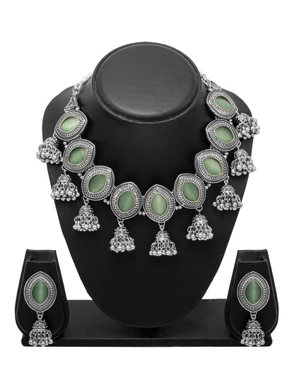 Shining Jewel Silver Plated Oxidised Stone Studed & Beaded Jhumki Design Tribal Necklace with Adjustable Dori Maching Earring Jewellery Jewelry Set (SJN_288_D2_LG)